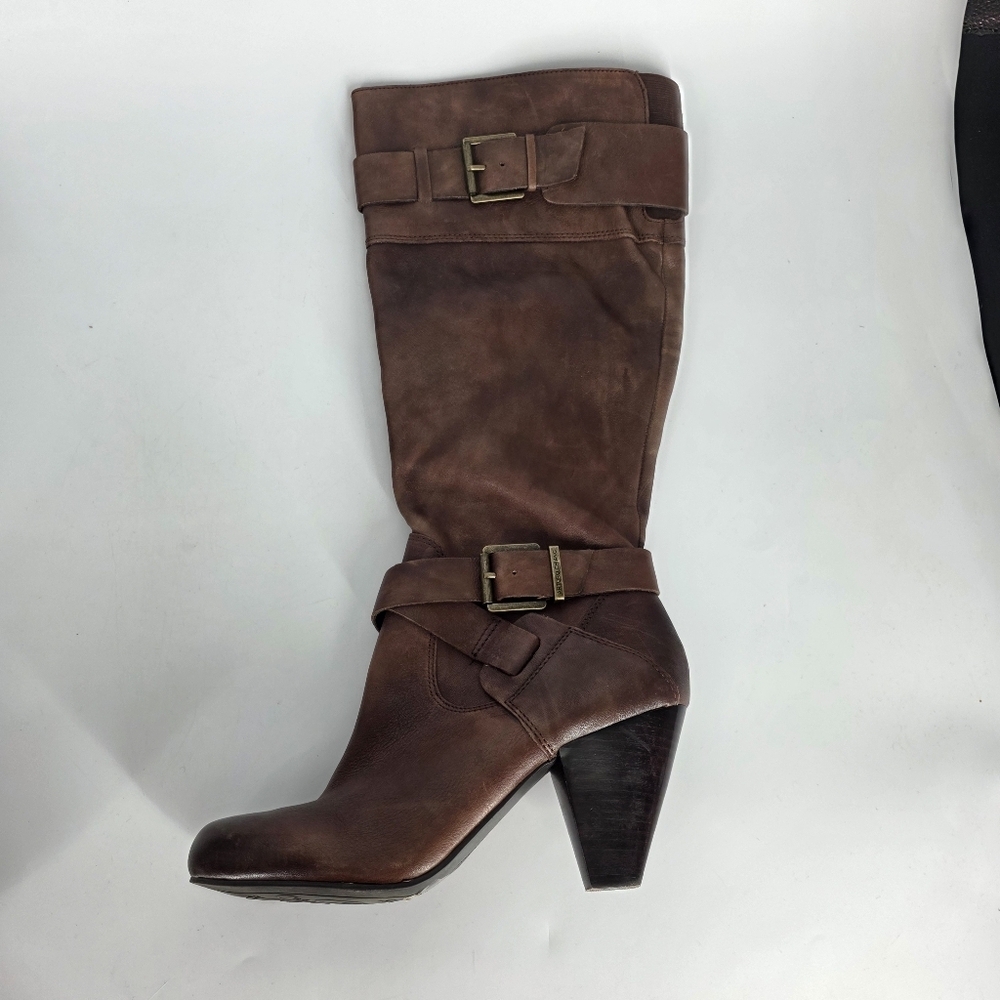 Arturo Chiang Leather Knee High Boots 8.5M Brown Block Heel Buckle Straps - Picture 7 of 9